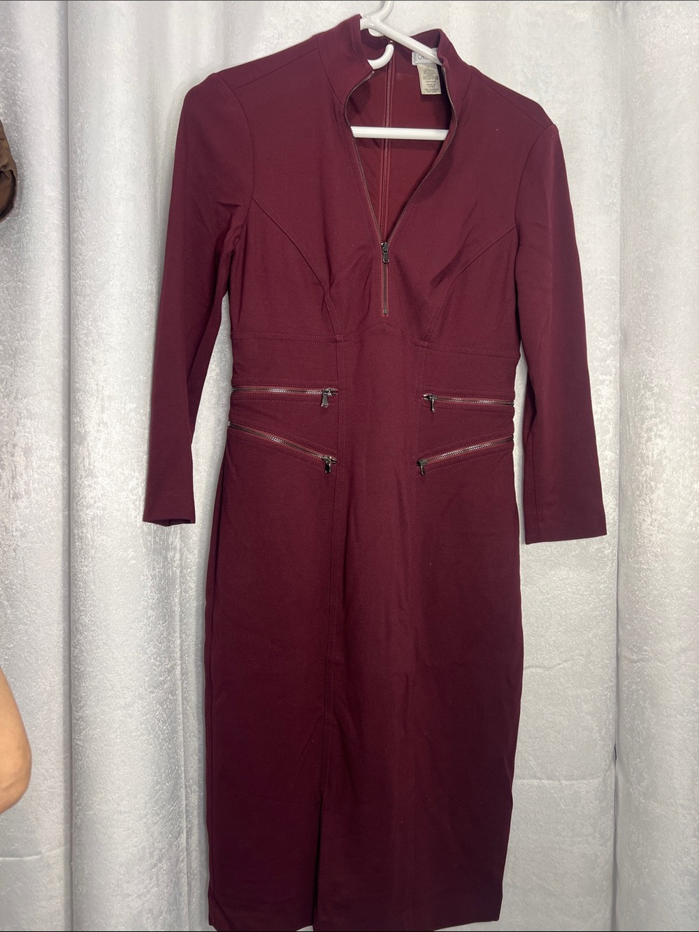 Cache wintry Burgundy Zip-Front long sleeve Sheath Dress